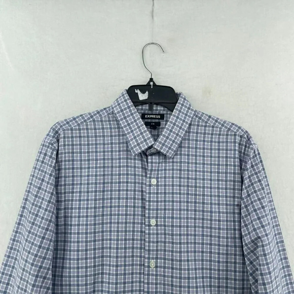 Express Button-Up Shirt Men's Sz L Purple Slim Fit Plaid Collared Curve Hem - Picture 6 of 12